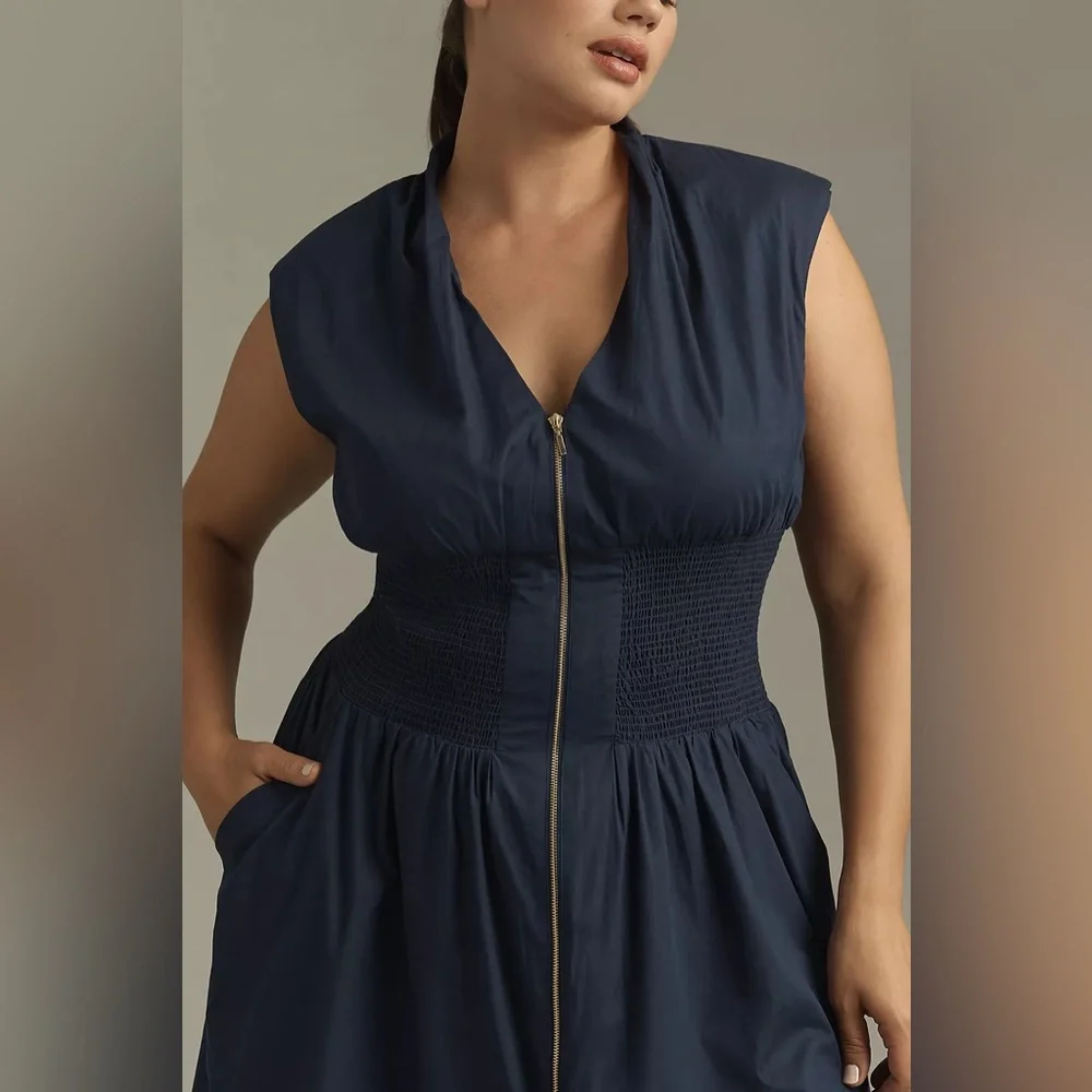 Anthropologie The Tommie Cap-Sleeve Smocked Front-Zip Shirt Midi Dress - Picture 3 of 5
